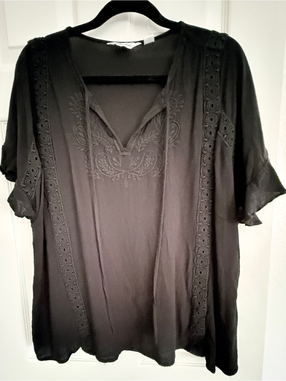 Black Embroidered V-Neck Tunic with Crochet Trim